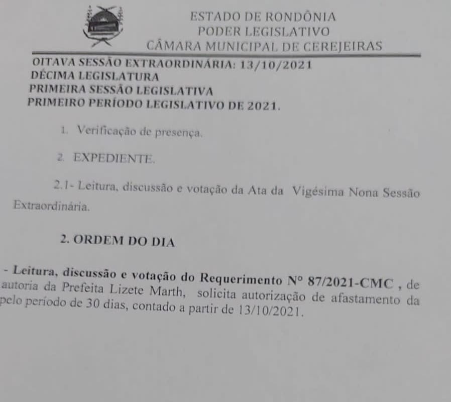 Requerimento de afastamento da prefeita do município de Cerejeiras, Lisete Marth - Crédito de imagem: Divulgação.