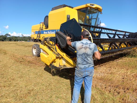Agricultor regula colheitadeira de soja para colher o arroz em Pimenteiras. O produtor não precisa trocar o equipamento quando opta pelo cereal. (Foto: Rildo Costa).
